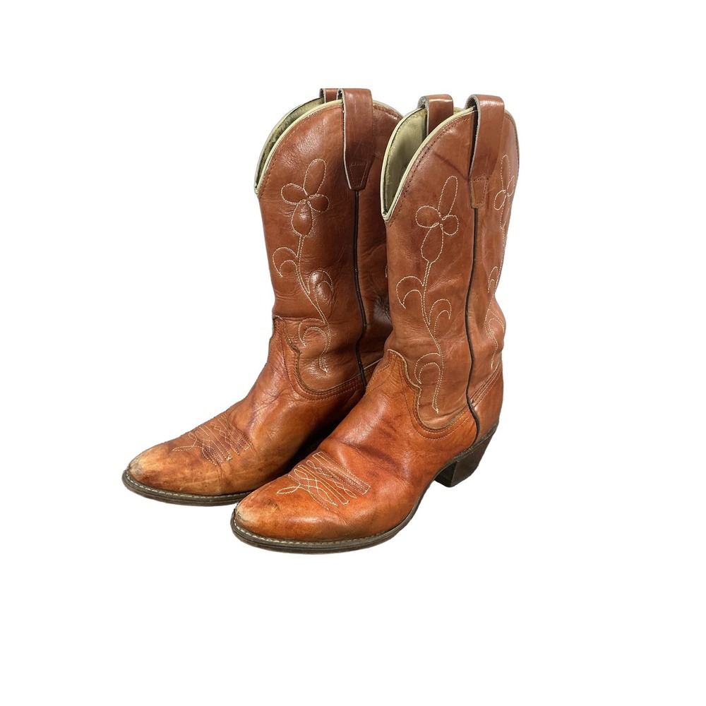 Wrangler Cowgirl Women's Brown Leather 9.5N Western Cowboy Boots Floral Pointed
